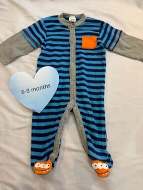 Lamaze Blue & Navy Striped Footed One-Piece Romper/Sleeper with Orange Pocket